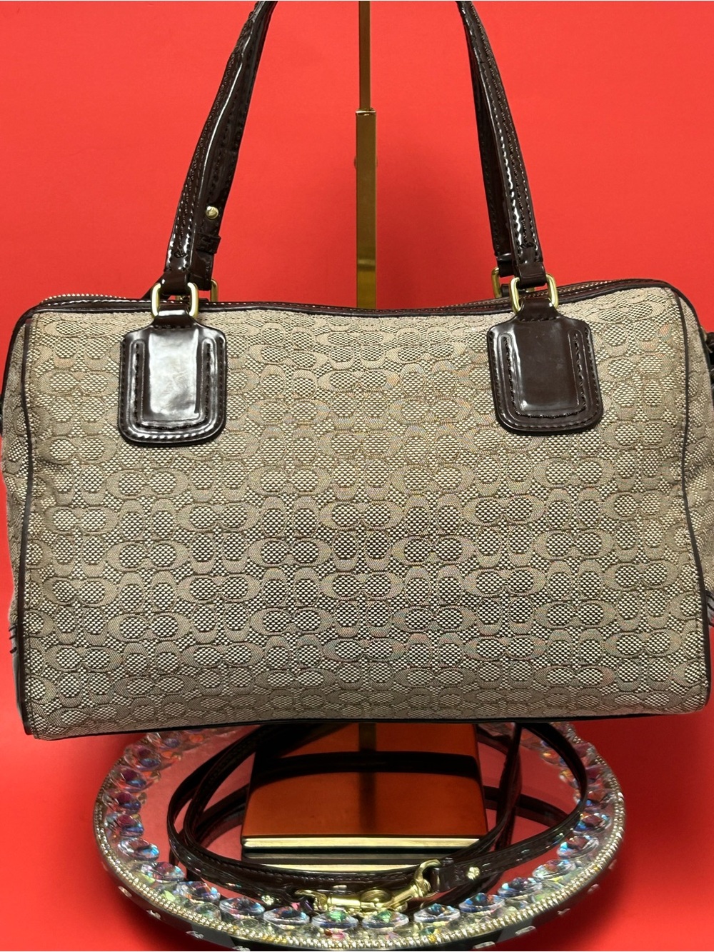 Coach Poppy Oxford Mini “c” Canvas Satchel in Khaki/Brown Approx. 12 x 9.5 x 4 - Picture 3 of 17